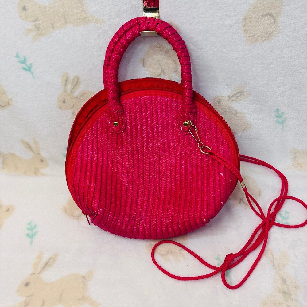 Vintage Warren Reed Hot Pink Woven Wicker Summer Bag / Purse